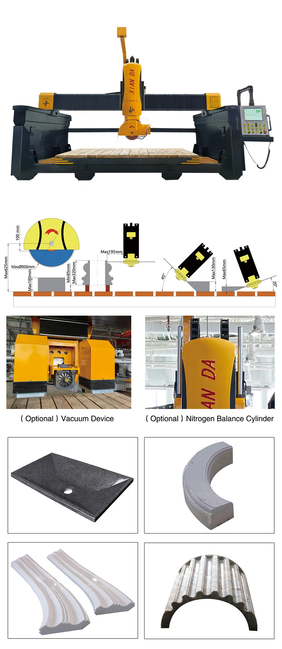 Tự động th&ocirc;ng minh Monoblock 5 trục CNC Bridge Saw Cutting Machine cho Granite Marble Quartz với 3400 * 2000 * 180mm Max Processing Size 15kw Motor 380V Power 1
