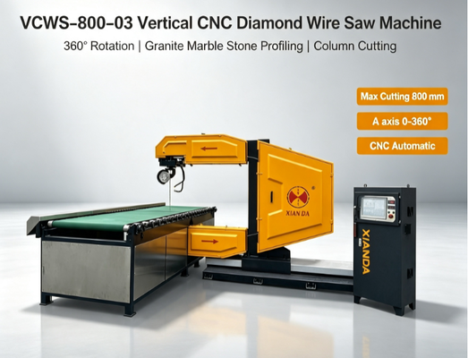 Máy cưa dây kim cương CNC dọc với xoay 360° để cắt đá granite, đá cẩm thạch theo đường cong | Công suất động cơ 7,5-15 kW & Tải trọng bàn làm việc 3+3 tấn